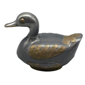 vintage trinket box duck metal brass storage made in Hong Kong 5.5x4.25" READ